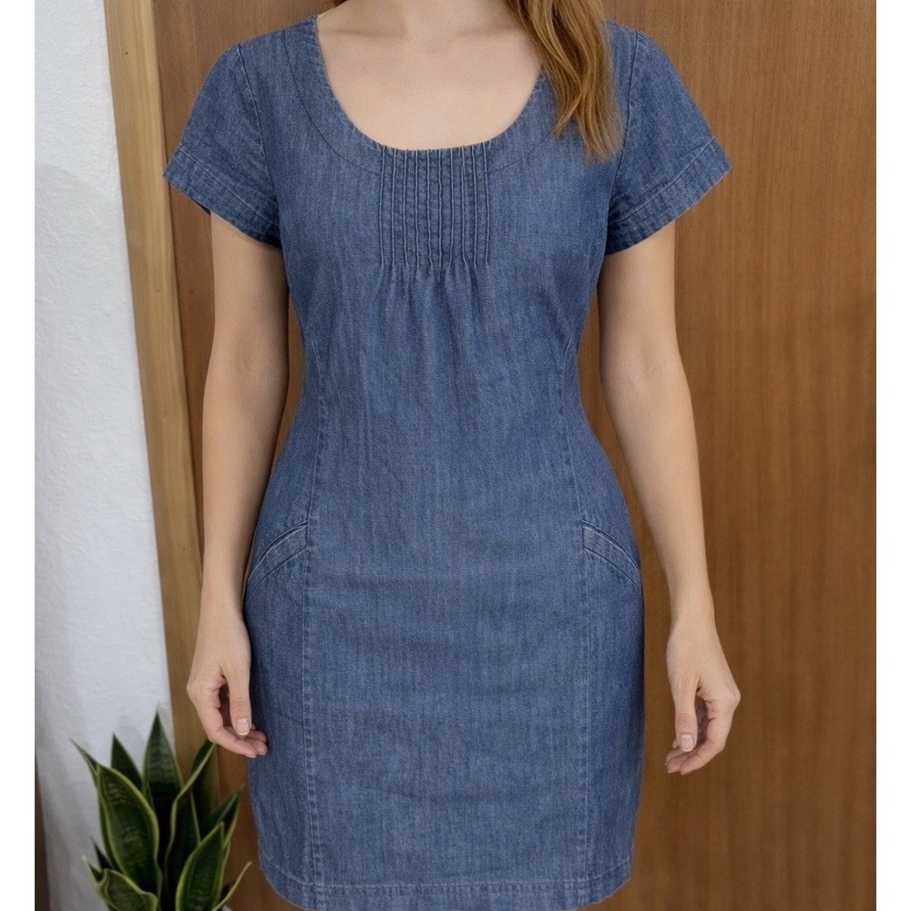 Boden Denim Dress 8 Long Stretch Sheath Officecore Minimalist Capsule Packable